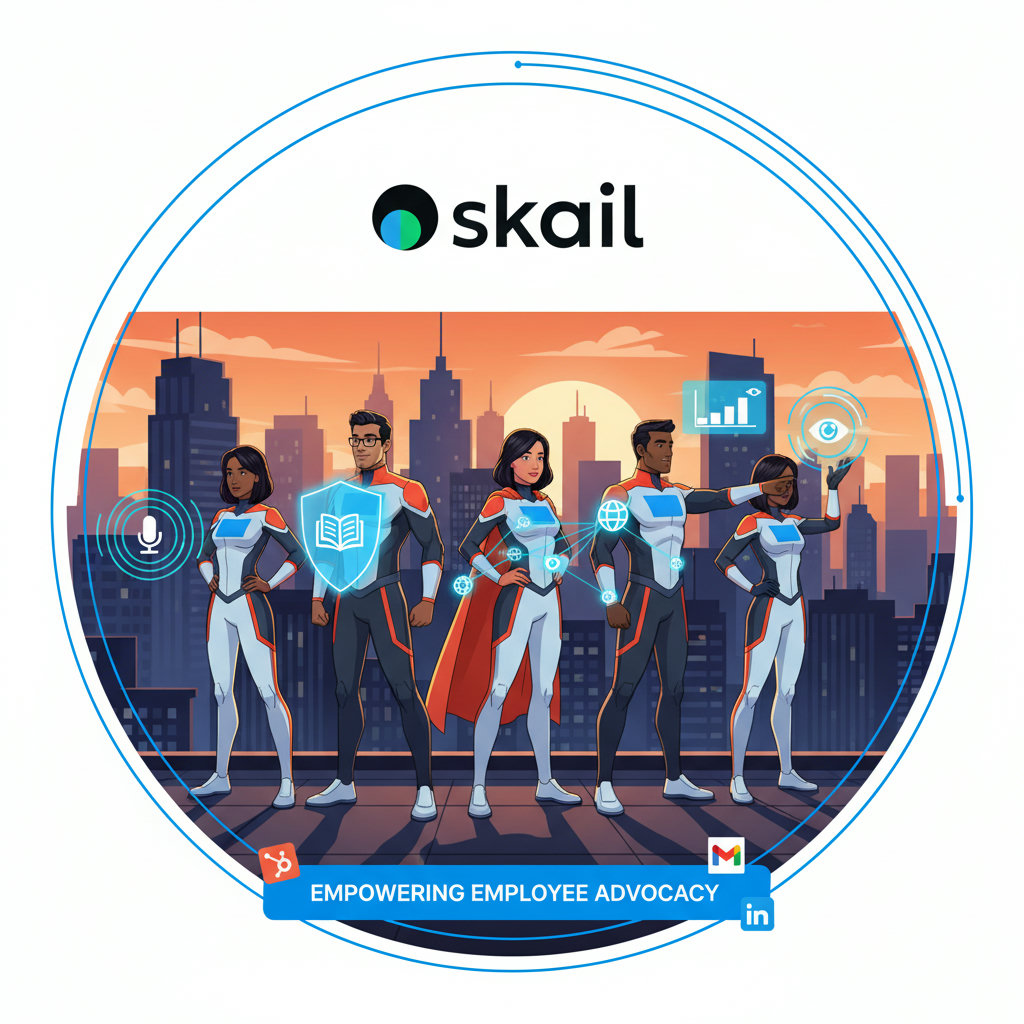 A diverse group of employees, depicted as superheroes, proudly showcasing a brand logo or company values. Each superhero has a unique power reflecting different aspects of employee advocacy, like communication, authenticity, or reach. The background could be a city skyline, symbolizing their collective impact on the business landscape.