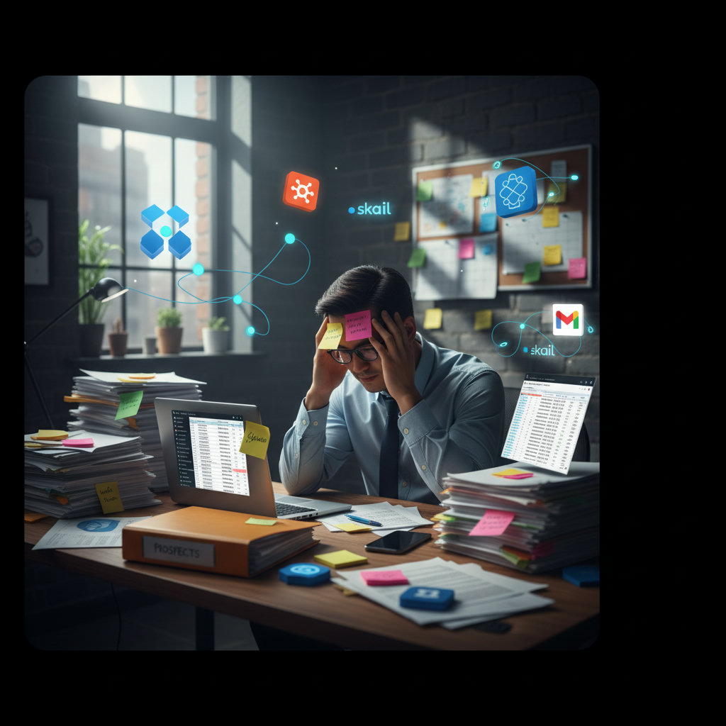 A sales professional drowning in a sea of paperwork, sticky notes, and overflowing inboxes, symbolizing the manual grind of B2B sales and marketing before AI. Exaggerated visual of a person overwhelmed by tasks.