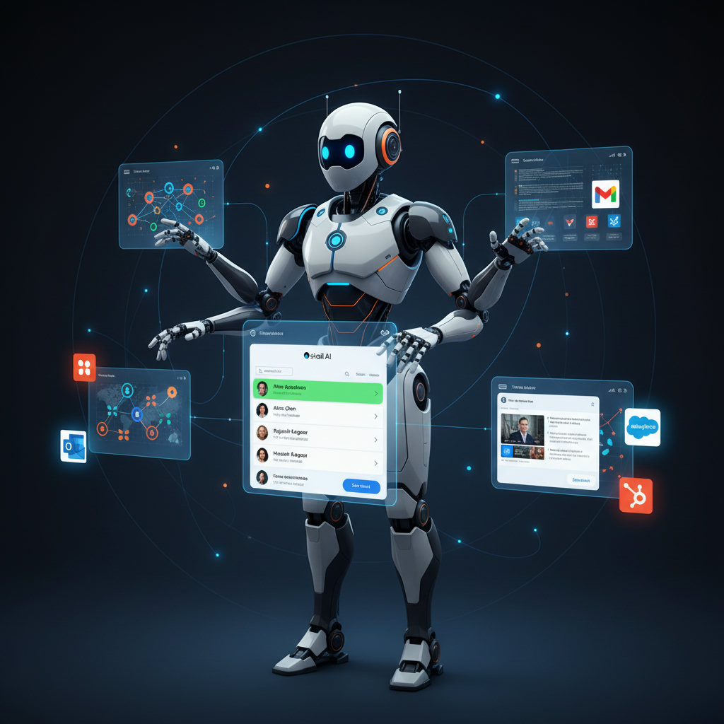A sleek, futuristic AI robot or digital assistant effortlessly managing multiple screens, data streams, and communication channels, representing the efficiency and automation brought by AI platforms like Skail AI. The robot could be surrounded by glowing data points and streamlined workflows.