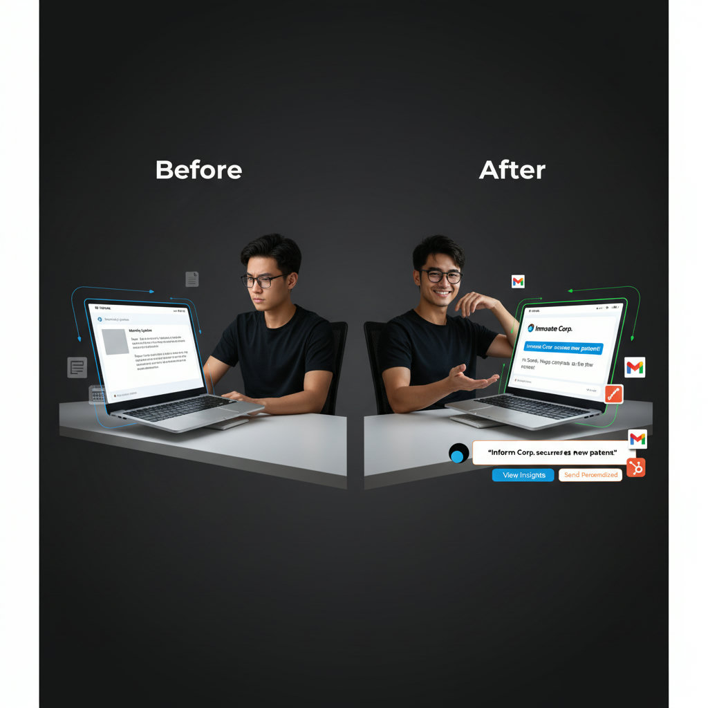 A split image or a 'before and after' visual. One side shows a frustrated salesperson staring at a generic email template. The other side shows the same salesperson confidently sending a deeply personalized message, with elements like a prospect's company logo, recent news headlines, and a tailored greeting visibly integrated.