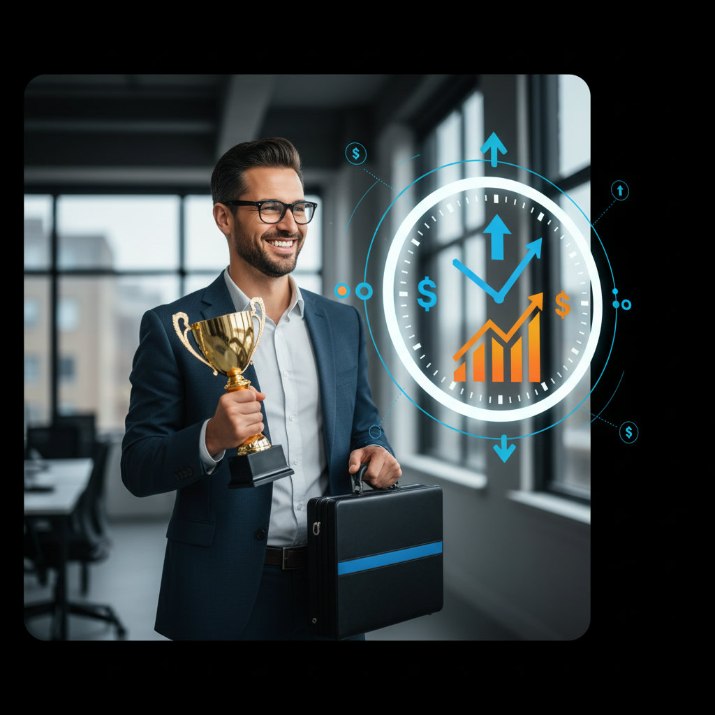 A person looking at a clock face that instead of numbers has dollar signs or upward-trending graphs, conveying the direct financial return on investment from saving time with AI. The person could be smiling, holding a trophy or briefcase, symbolizing success.