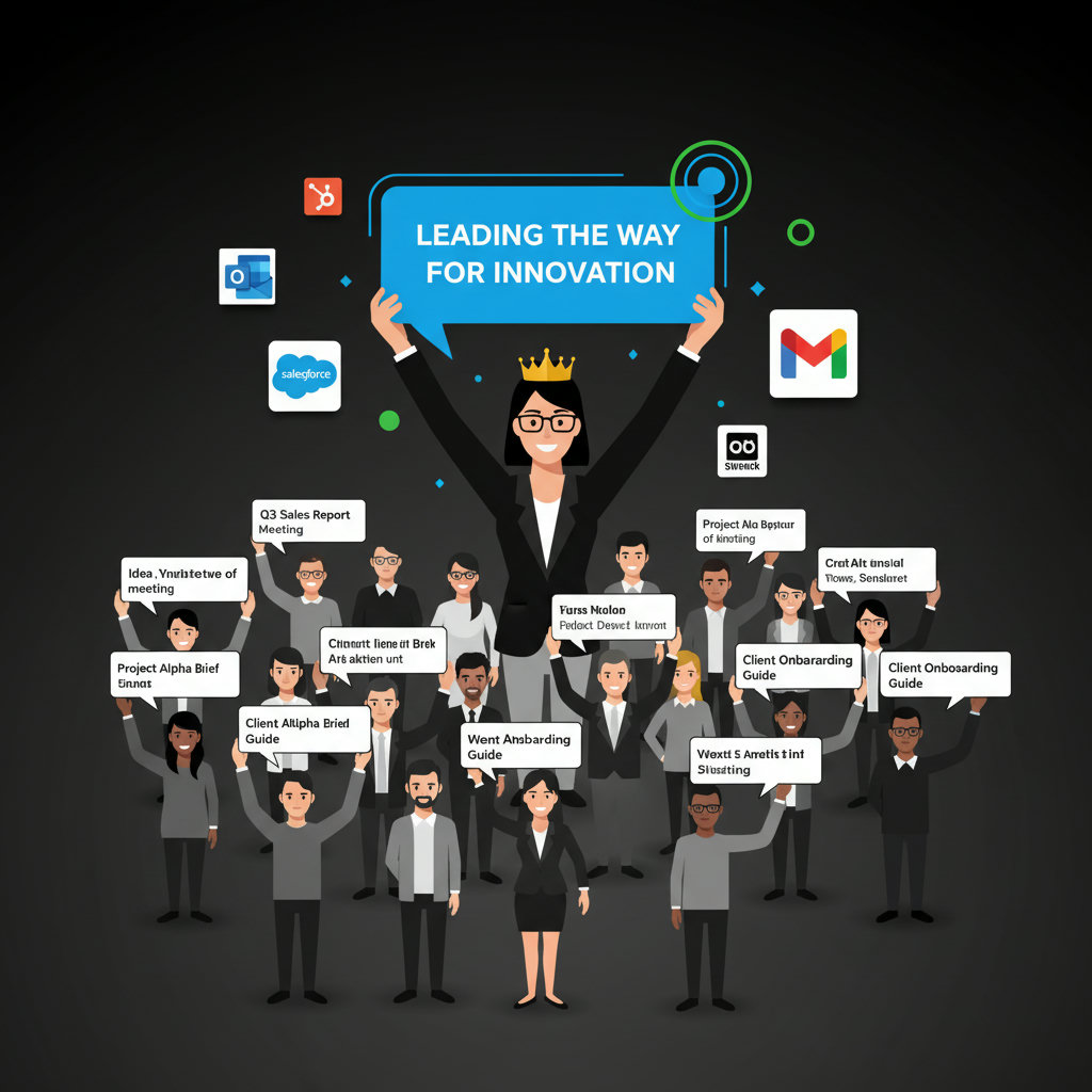 An individual (wearing a crown) standing out from a crowd of diverse people, all holding speech bubbles with unique messages, symbolizing how individual employees become thought leaders and influencers for a brand.