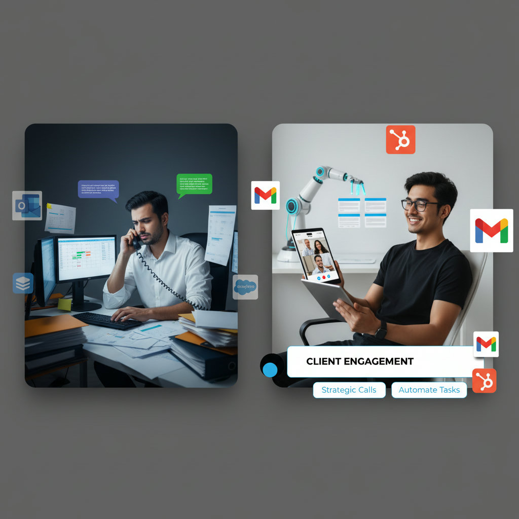A split image or a transitioning image. One side depicts a person overwhelmed by paperwork, computers, and phone calls, looking stressed (representing the traditional, time-consuming prospecting). The other side shows the same person relaxed, smiling, and effectively interacting with clients, while an AI assistant (perhaps a subtle robotic arm or a digital interface) handles repetitive tasks in the background, signifying becoming a 'time millionaire'.
