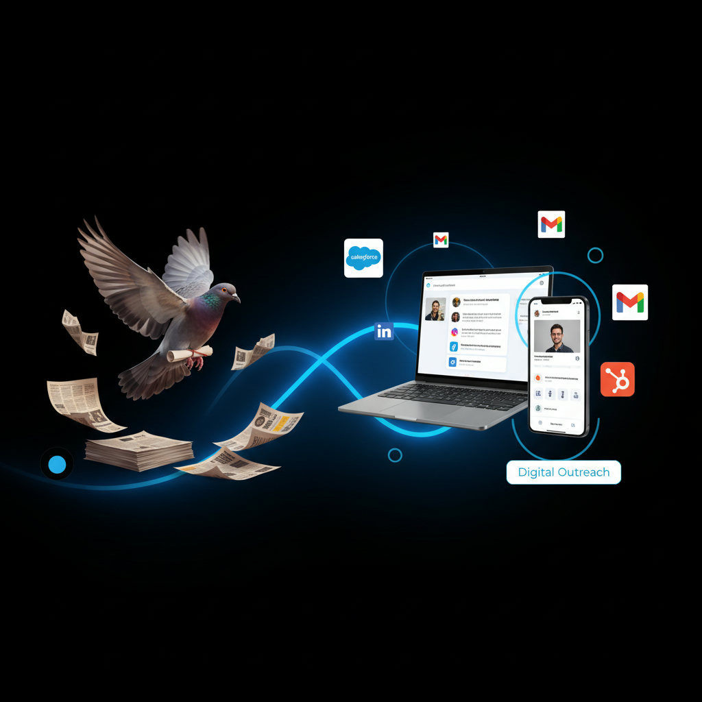 An image illustrating the shift from traditional, outdated advocacy methods (like carrier pigeons or stacks of flyers) to modern, digital tools (like social media icons, laptops, and smartphones).
