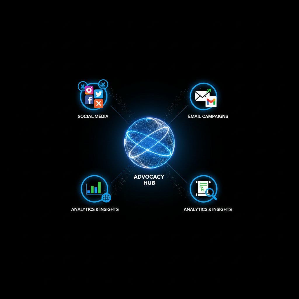 A visual representation of an advocacy platform as a central hub or nexus, connecting various digital advocacy elements (social media, email, petitions, analytics) and amplifying a non-profit's message.