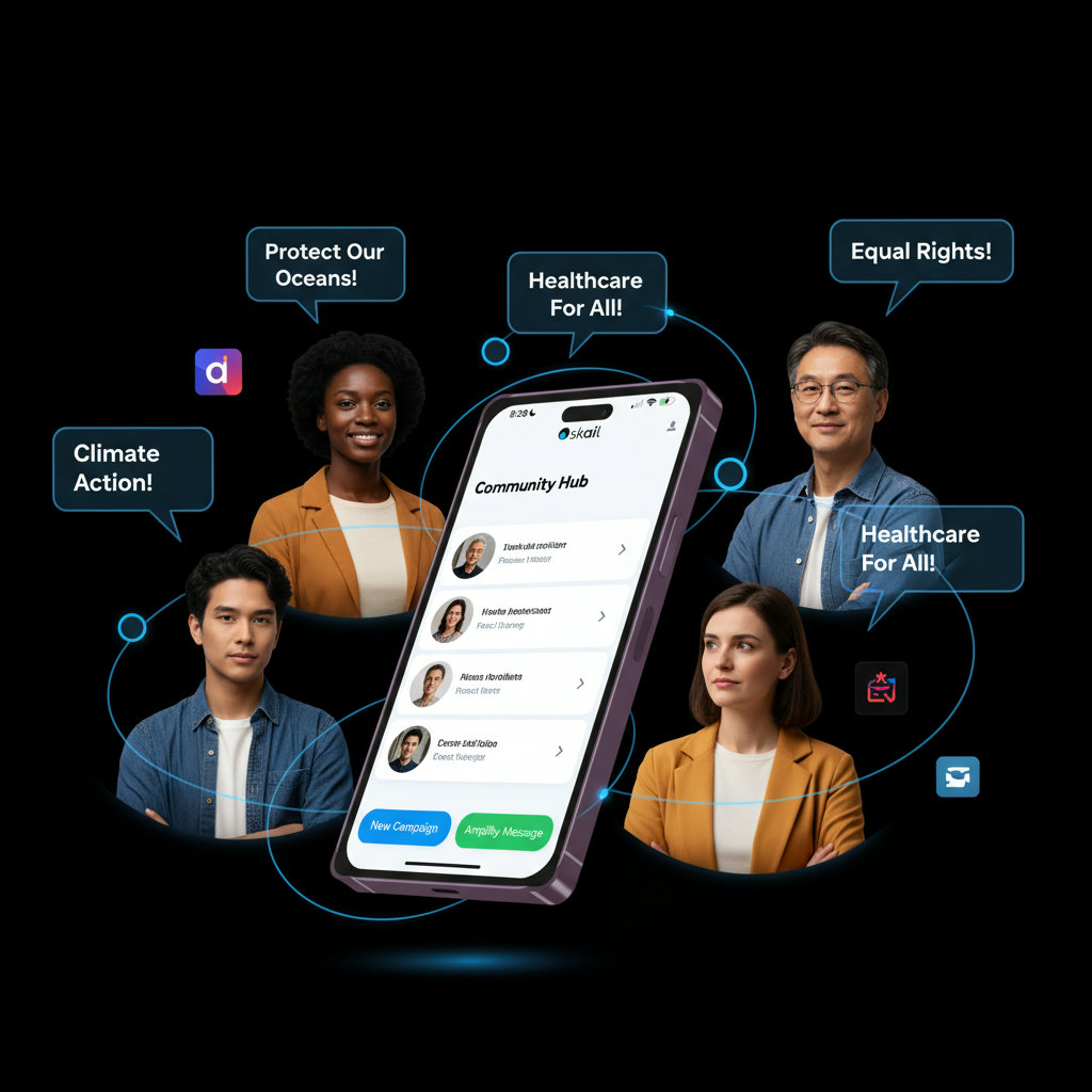 An image showcasing a community of diverse individuals (supporters, advocates) with speech bubbles or thought clouds, empowered by a non-profit advocacy platform to collectively amplify their voices and messages.