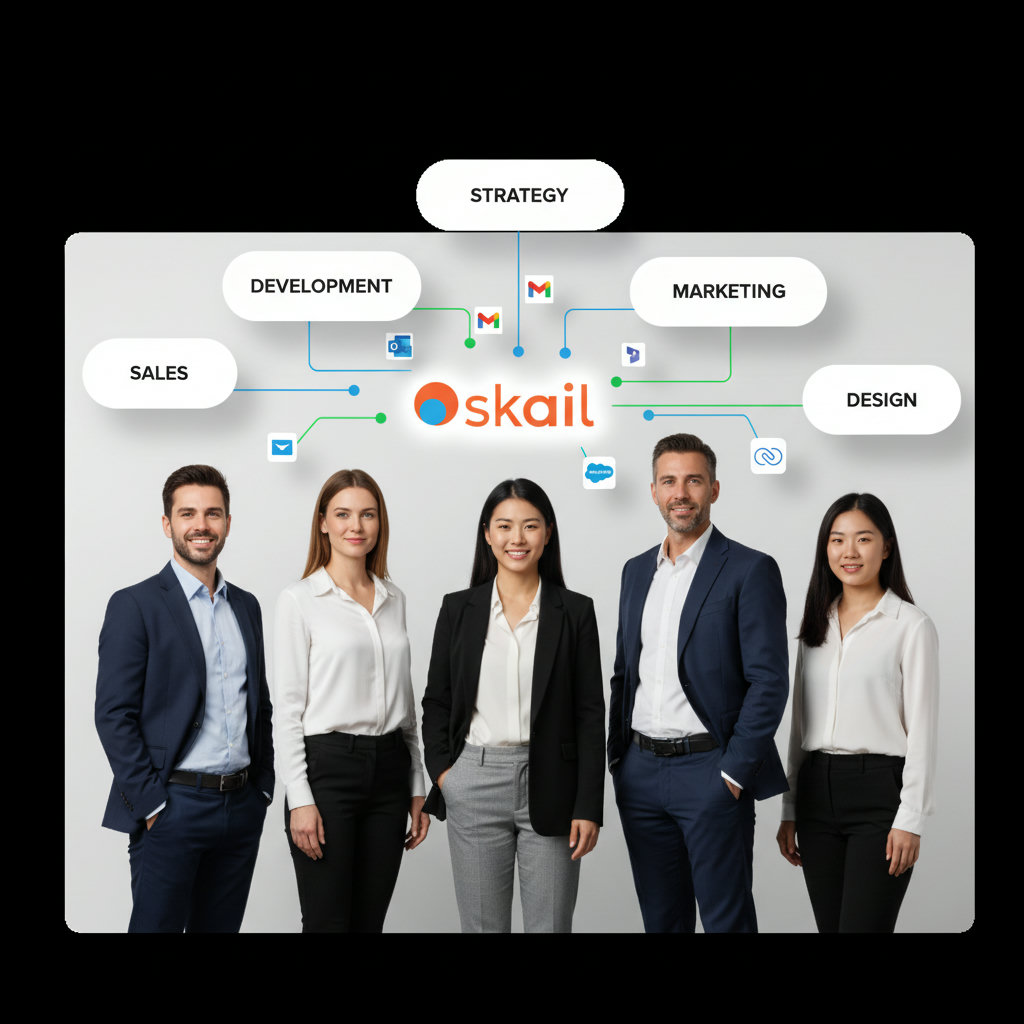 A diverse group of employees, each with a unique thought bubble above their heads containing keywords related to their individual roles or interests, standing together. A subtle network of lines could connect them to a central brand logo, symbolizing collective amplification mediated by AI. The overall feeling should be one of collaboration and empowerment.