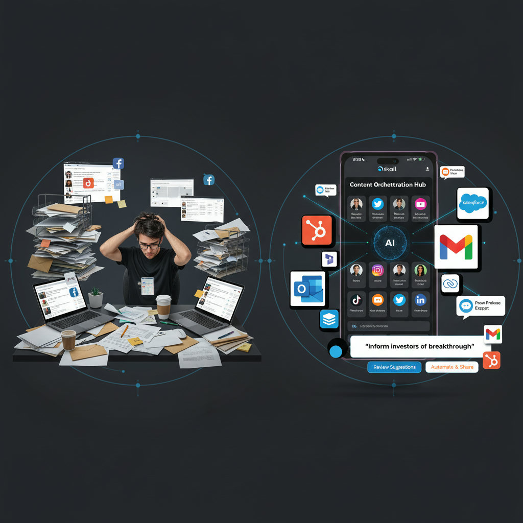 A split image. On one side, a cluttered desk with overflowing inboxes, scattered papers, and a stressed marketer manually trying to coordinate social shares. On the other side, a streamlined, modern interface with AI algorithms visually categorizing and suggesting content to various employee profiles, showcasing efficiency and automation.