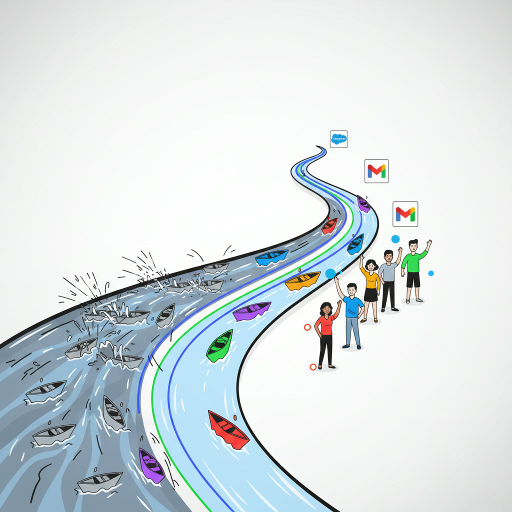 A visual metaphor of a river transforming. Initially, a turbulent, noisy river represents 'content chaos', with many indistinguishable boats (content). As it flows, it narrows and clarifies, with distinct, brightly colored boats (curated content) being guided by subtle, glowing AI pathways towards delighted individuals on the riverbanks (engaged audience).