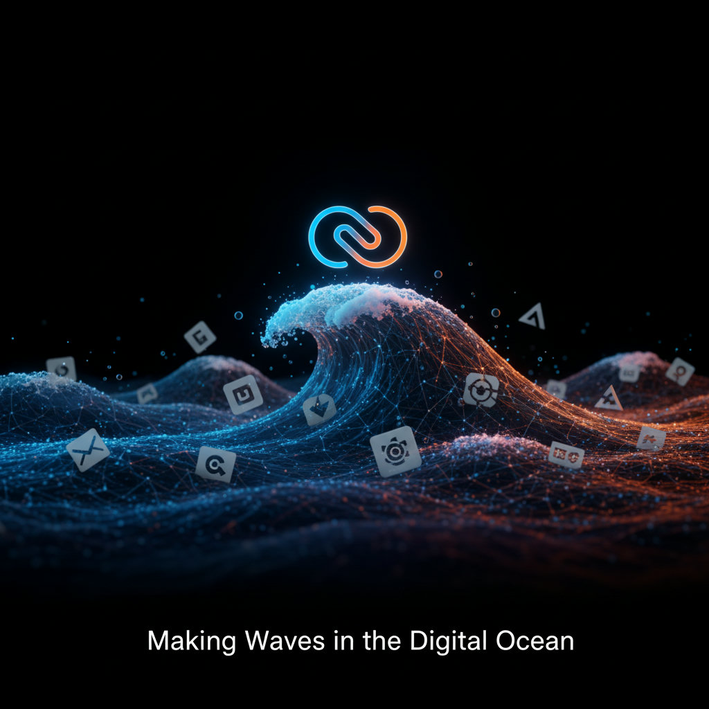 A visual representation of various waves on a digital ocean, with one prominent wave successfully carrying a brand's emblem or logo, while other brands struggle to stay afloat. This illustrates the challenge of standing out in the vast digital landscape.