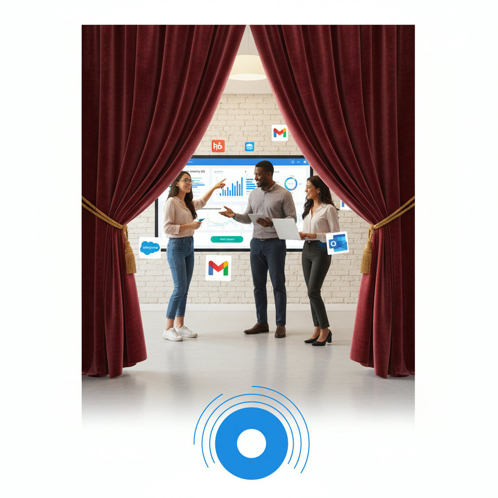 An image depicting a 'peek behind the curtain' — perhaps a stage curtain being drawn back to reveal people genuinely working, collaborating, or creating something with passion, symbolizing the authentic human element behind a brand.