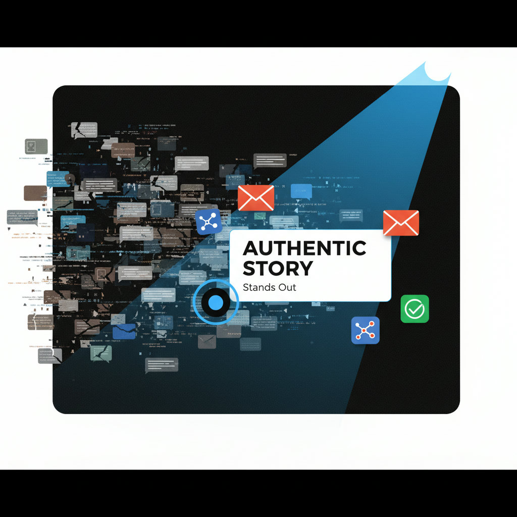 A split image or a dual-focus image. One side shows a cluttered, noisy digital space with many fragmented messages. The other side shows a clear, focused beam of light or a focused message cutting through the clutter, representing digital minimalism and its ability to make the authentic story stand out.