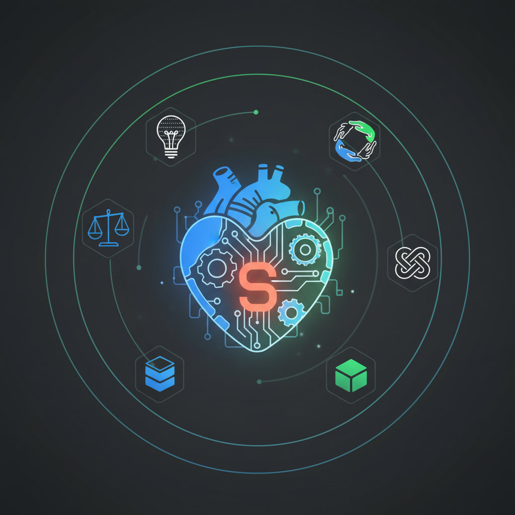 A visual metaphor for a brand's 'beating heart' — perhaps a stylized icon of a heart with gears or a subtle brand logo within it, pulsing with energy, surrounded by elements that represent core values (e.g., a balanced scale for integrity, a lightbulb for innovation, intertwined hands for community).