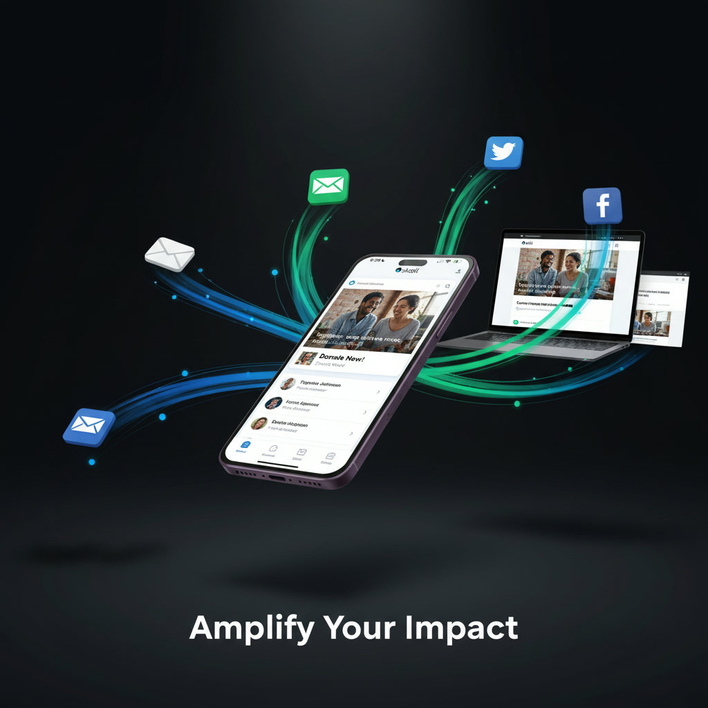 A visual representation of the various digital marketing channels (social media, email, website) converging to amplify a non-profit's message.
