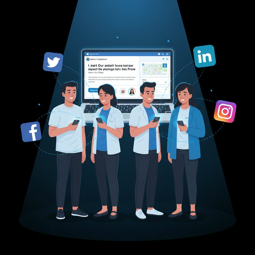 An image depicting a diverse group of people (staff, volunteers) actively sharing a non-profit's message across their personal networks, highlighting the concept of 'employee advocacy'.