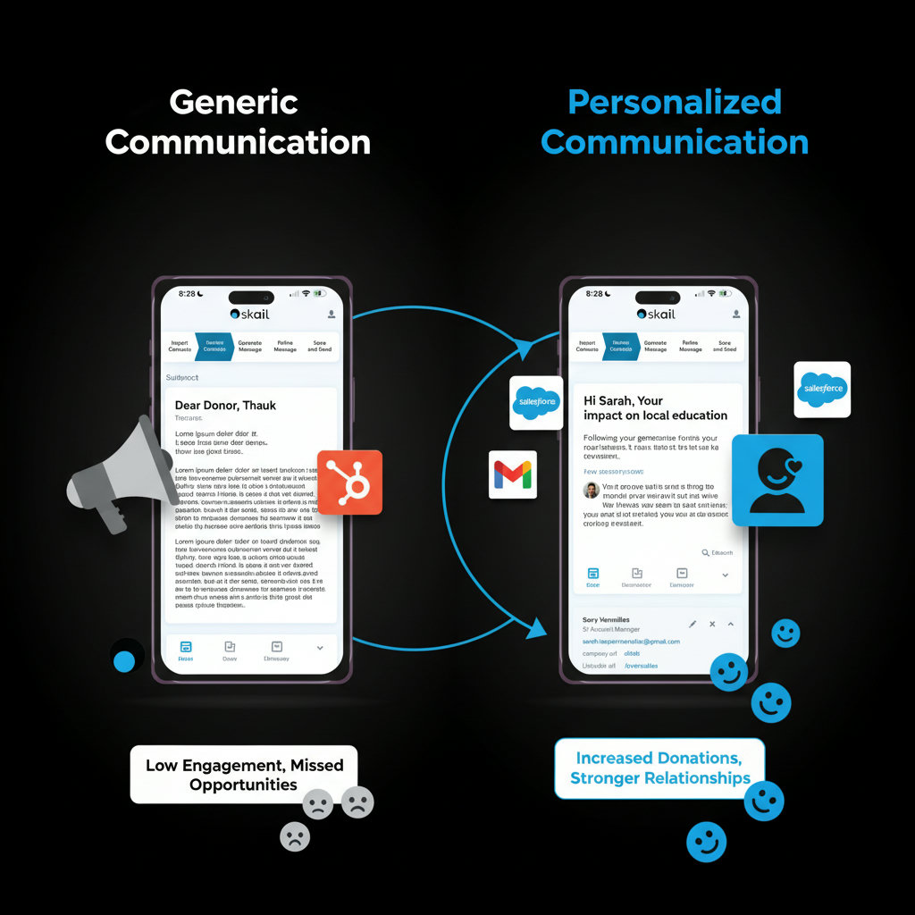A split image or infographic showing the contrast between generic communication and personalized communication with donors, with positive outcomes associated with personalization.