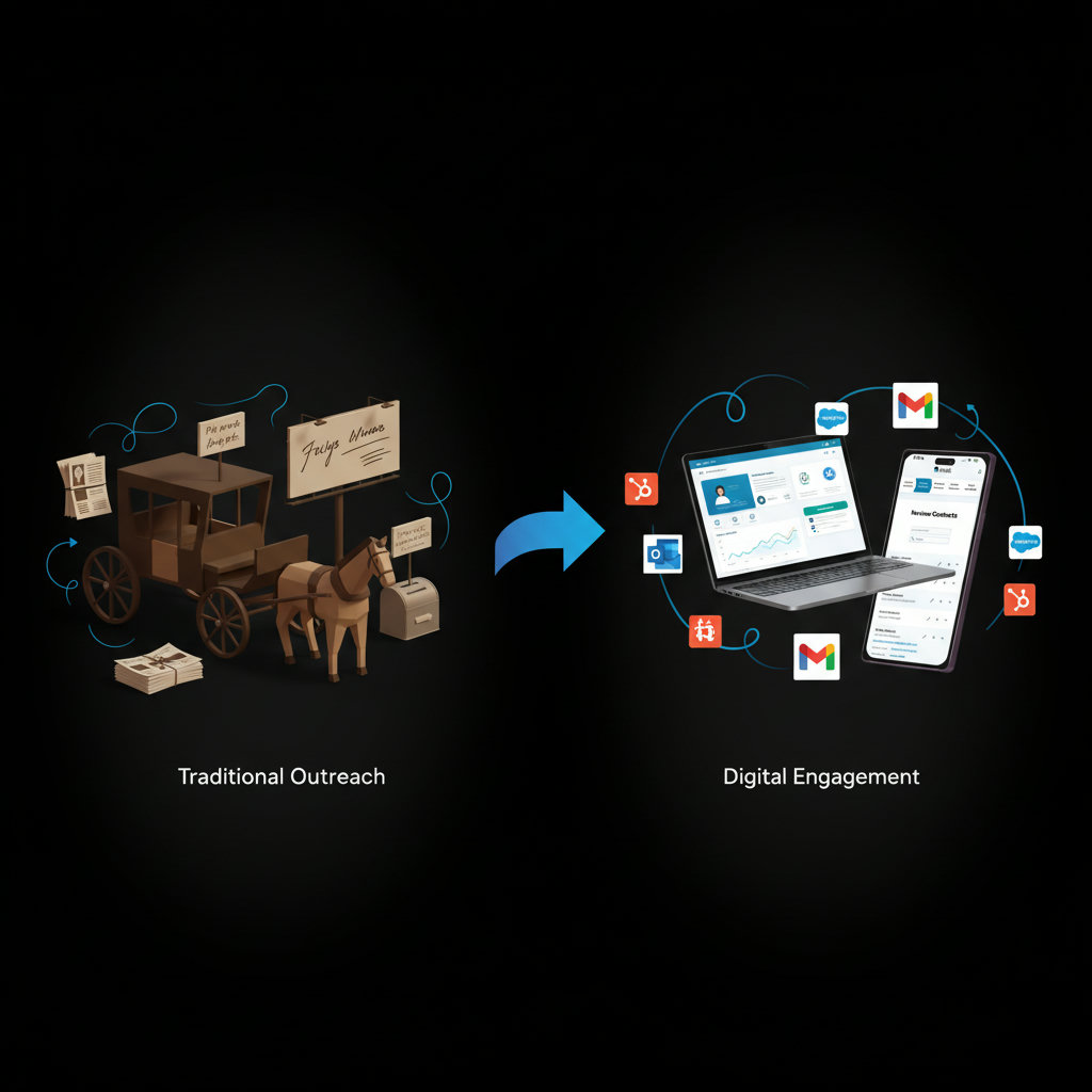 An image illustrating the evolution of non-profit marketing, perhaps with a timeline or contrasting old methods (e.g., horse and buggy) with modern digital tools.