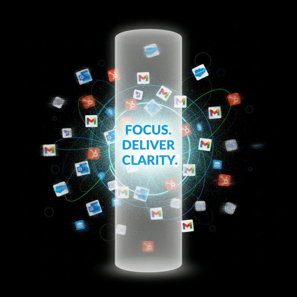 A minimalist concept showing a single, impactful message cutting through a chaotic deluge of digital noise, possibly using clean lines and a focused spotlight.