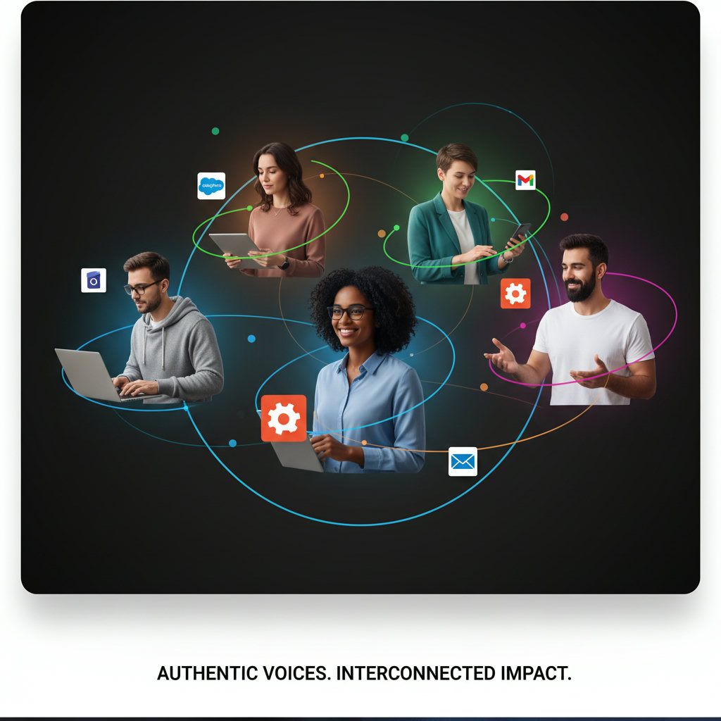 An image illustrating a diverse group of employees, each radiating a unique glow or aura, representing their authentic voices and individual influence, forming a powerful, interconnected network.