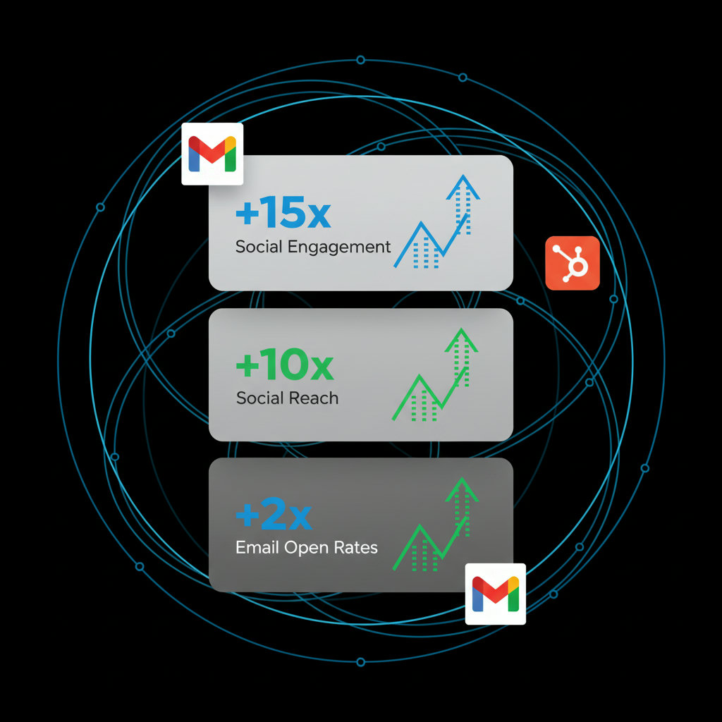 A visual representation of key metrics: a bar chart or infographic showing a +15x increase in social engagement, a +10x boost in social reach, and a +2x improvement in email open rates, possibly with rising arrows or dynamic graphs.