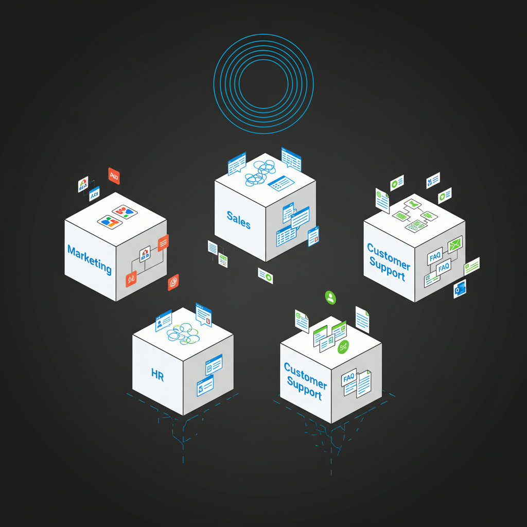 An illustration depicting various departments (Marketing, Sales, HR, Customer Support) operating in isolated silos, symbolized by separate, unconnected structures. Content pieces are scattered or duplicated between them, creating a chaotic and inefficient scene.