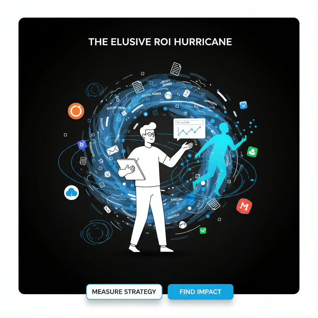 A visual representation of the challenge of measuring content ROI. This could be depicted as someone trying to catch or track an elusive, ghostly figure (representing 'impact' or 'ROI') within a stormy, chaotic environment (a 'hurricane').