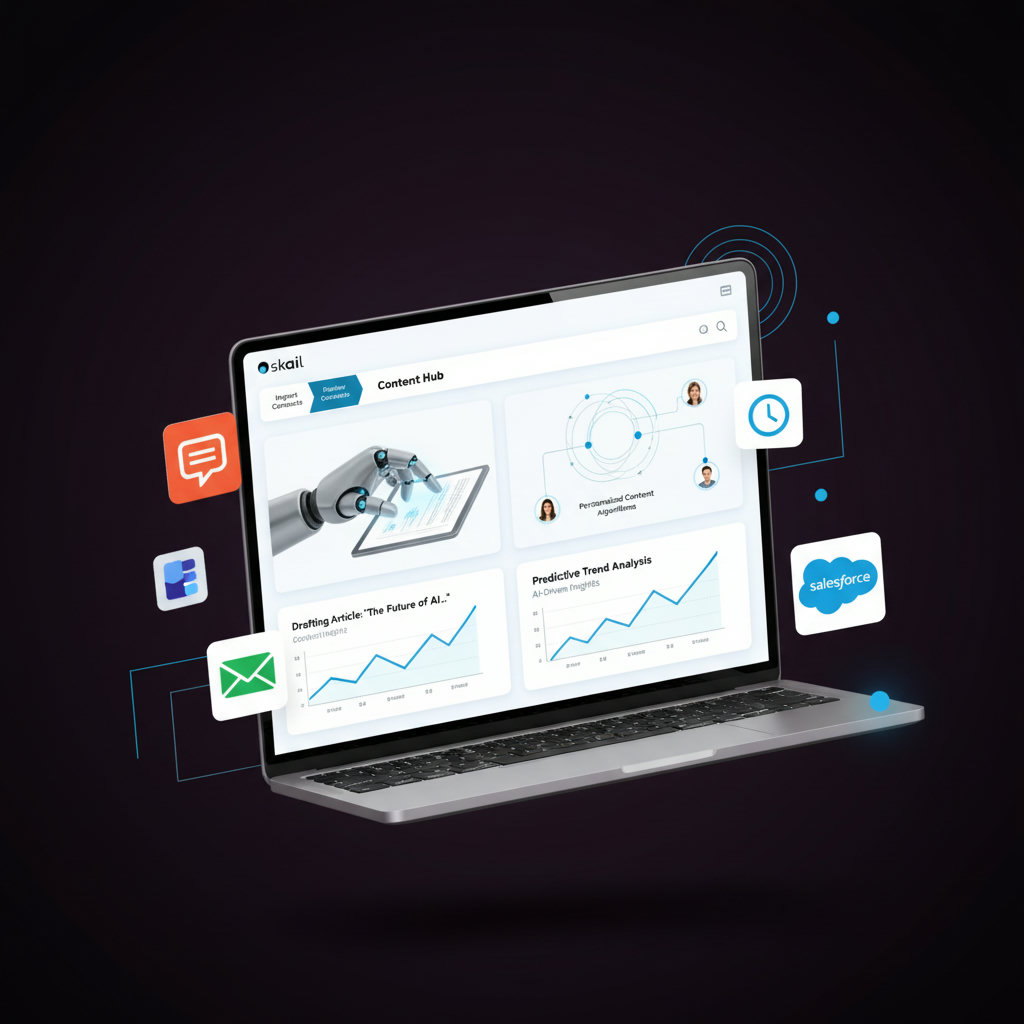 A visual representing AI's role in a content hub. This could show elements like a robot hand helping to write content, algorithms personalizing content for different users, and predictive analytics charting future trends, all integrated within the central hub.