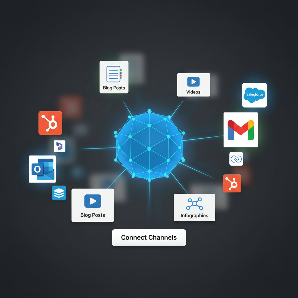 An image illustrating a content hub as a central, organized nerve center or a conductor leading an orchestra. Various content types (blog posts, videos, infographics) are neatly arranged and easily accessible, connecting efficiently to different distribution channels. This contrasts with the previous chaotic silo image.
