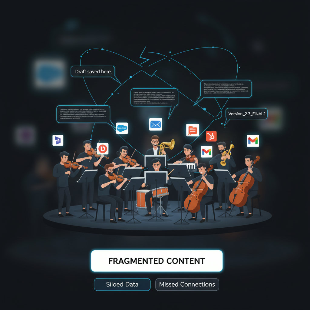 A chaotic orchestra with various instruments playing different tunes, symbolizing fragmented content management. This could be a visual metaphor for the disorganization and lack of synchronization that occurs when content is scattered across multiple platforms and teams.