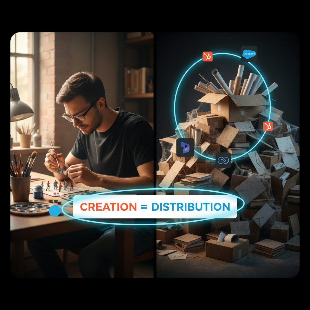 A meticulous, almost artistic craftsperson carefully creating content (e.g., painting, sculpting), while in the background, a chaotic, unorganized mess of materials represents ineffective content distribution, gathering dust. This image highlights the contrast between the effort put into creation versus the lack of efficient dissemination.