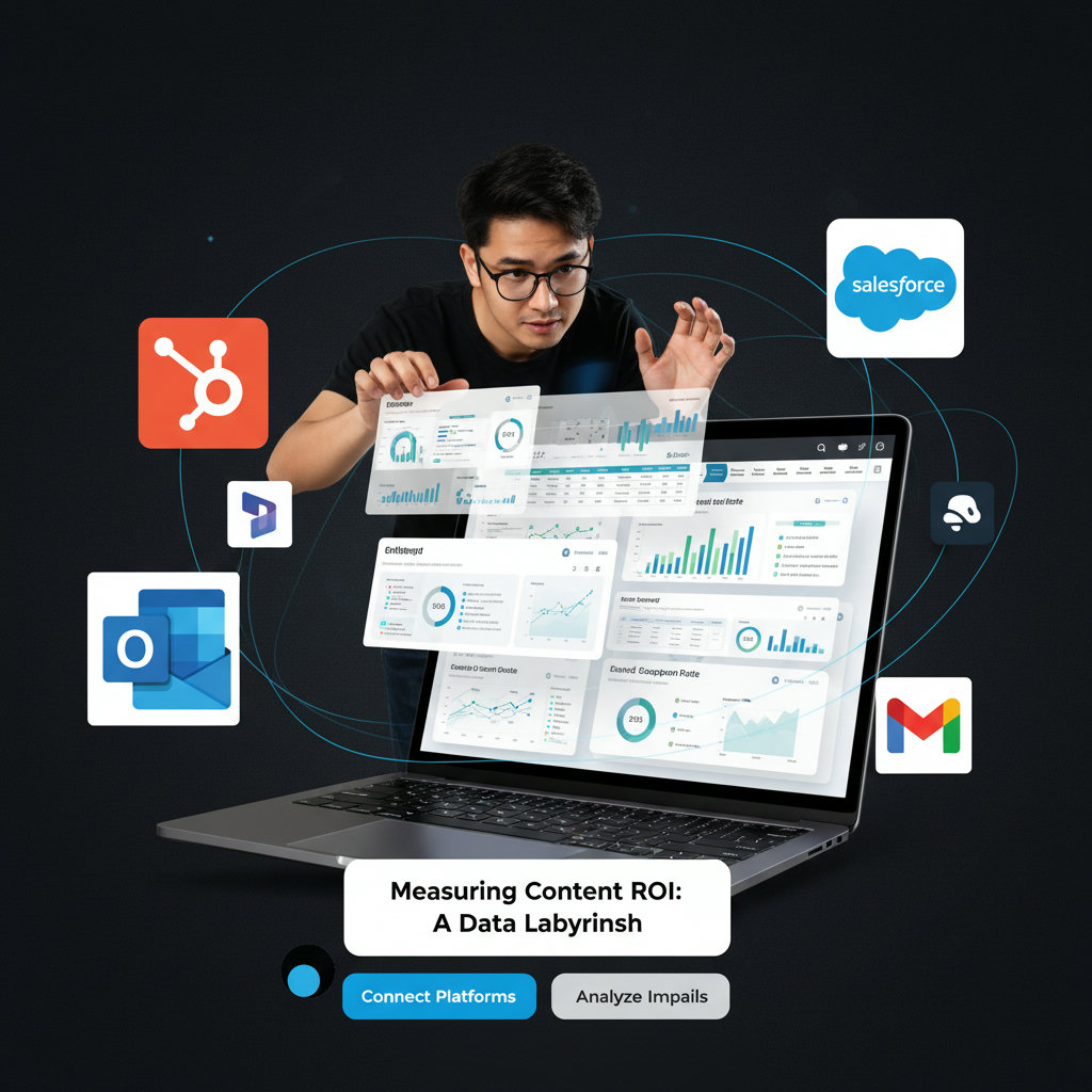 A person navigating a complex, multi-layered dashboard with graphs and data points, representing the challenge of measuring content ROI across various platforms and metrics. The visual emphasizes the difficulty in connecting disparate data to understand true content impact.