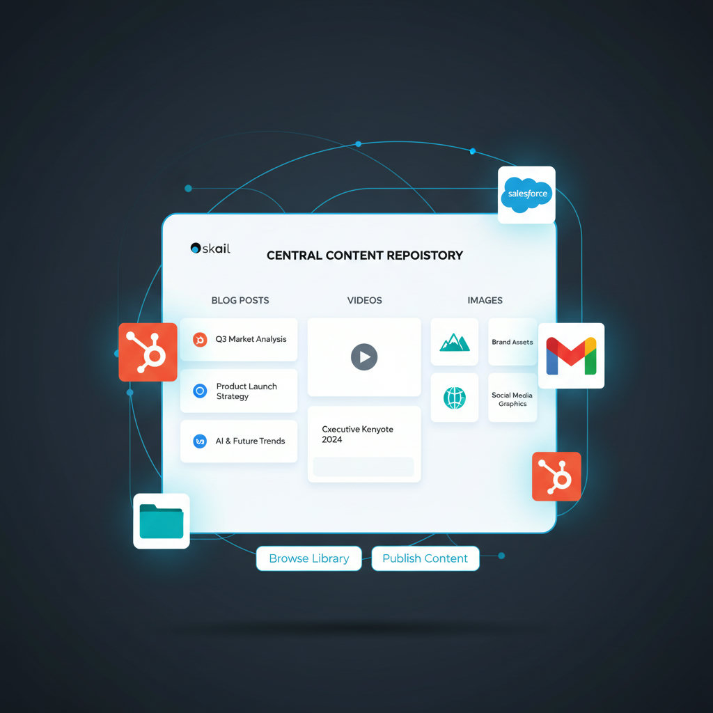A sleek, modern digital dashboard with various content types (blog posts, videos, images) neatly organized and interconnected, representing the 'single source of truth' offered by a centralized content repository. This image should convey order, efficiency, and easy access.