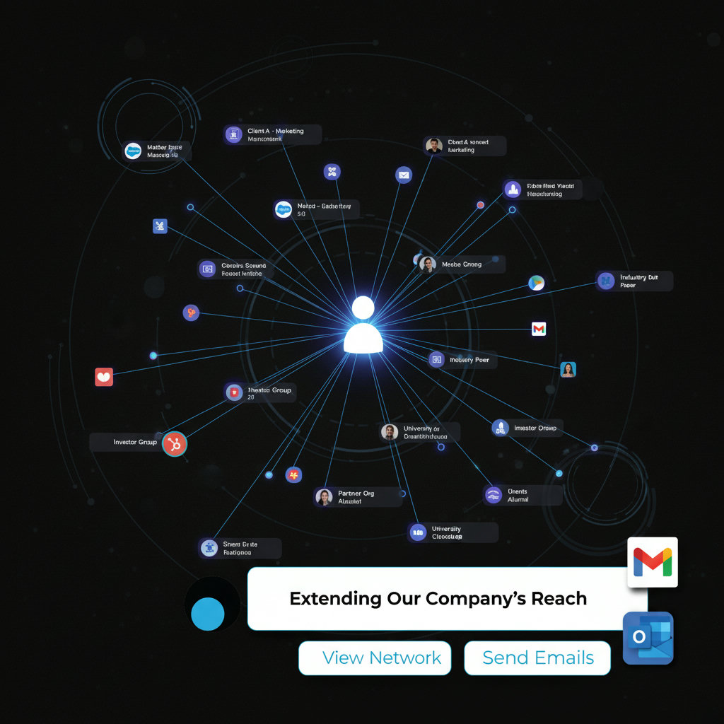 A visual representation of an employee's professional network resembling a web or interconnected nodes, with the employee at the center, highlighting how their connections extend the company's reach. The network should show diverse professional connections, not just direct colleagues.