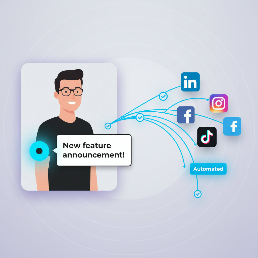 An image illustrating a clear, streamlined path from an employee to various social media icons (LinkedIn, Twitter, etc.) with a piece of content easily flowing from the employee to these platforms. This should visually represent the simplification of the sharing process, perhaps through minimal clicks or automated steps.