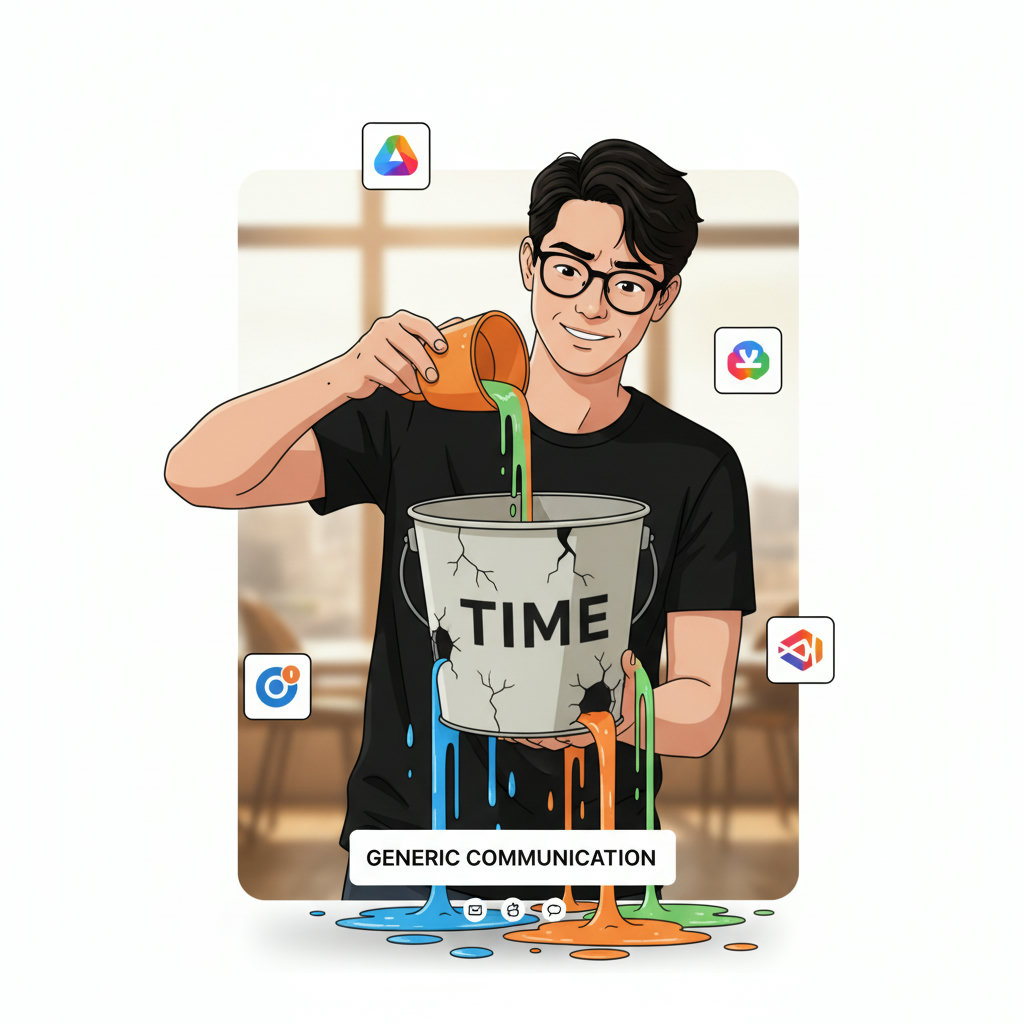 An image illustrating a person trying to fill a leaky bucket, symbolizing the wasted time and effort in generic communication. The bucket could have “Time” written on it.