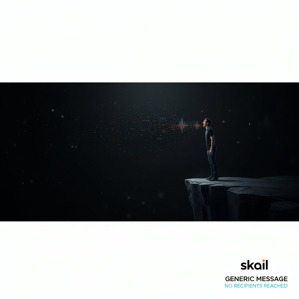 A visual metaphor of someone shouting into a vast, empty canyon or void, with sound waves dissipating without reaching anyone, representing ineffective generic communication.