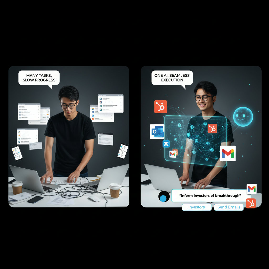 A split image contrasting two scenarios: on one side, a single person struggling with many tasks, symbolizing the limitations of traditional personalization. On the other, the same person with a futuristic AI assistant efficiently managing numerous tasks, representing the power of personalized AI.