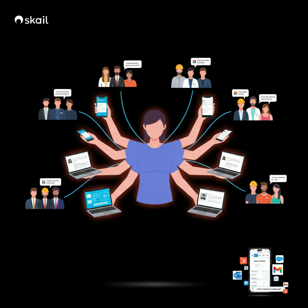 An image showing a person with multiple arms, each holding a different communication device (phone, laptop, tablet), all seamlessly and individually reaching diverse audience segments, symbolizing tailoring messages at scale with AI.