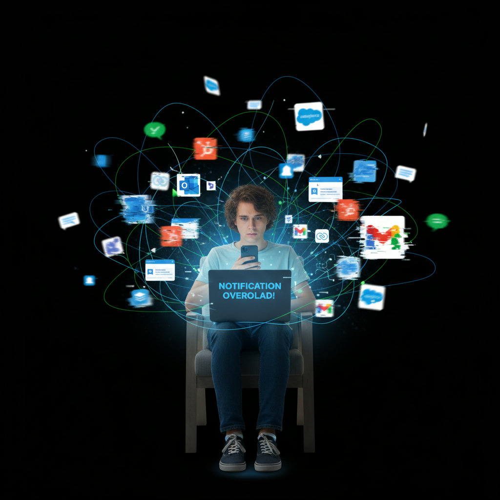 An individual overwhelmed by a chaotic digital landscape, with numerous social media icons and notifications flying around, symbolizing the 'digital cacophony'.