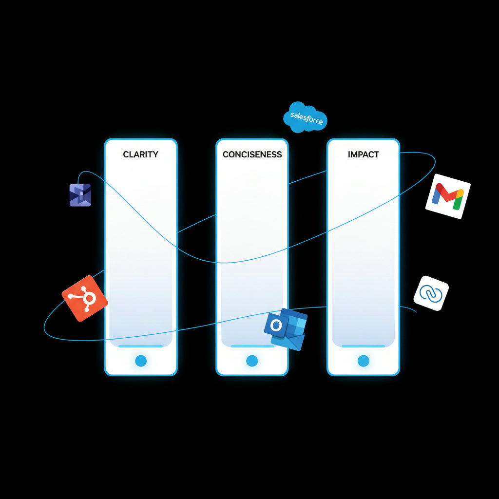 A minimalist design featuring three pillars labeled 'Clarity', 'Conciseness', and 'Impact,' representing the core tenets of strategic minimalism in content creation.