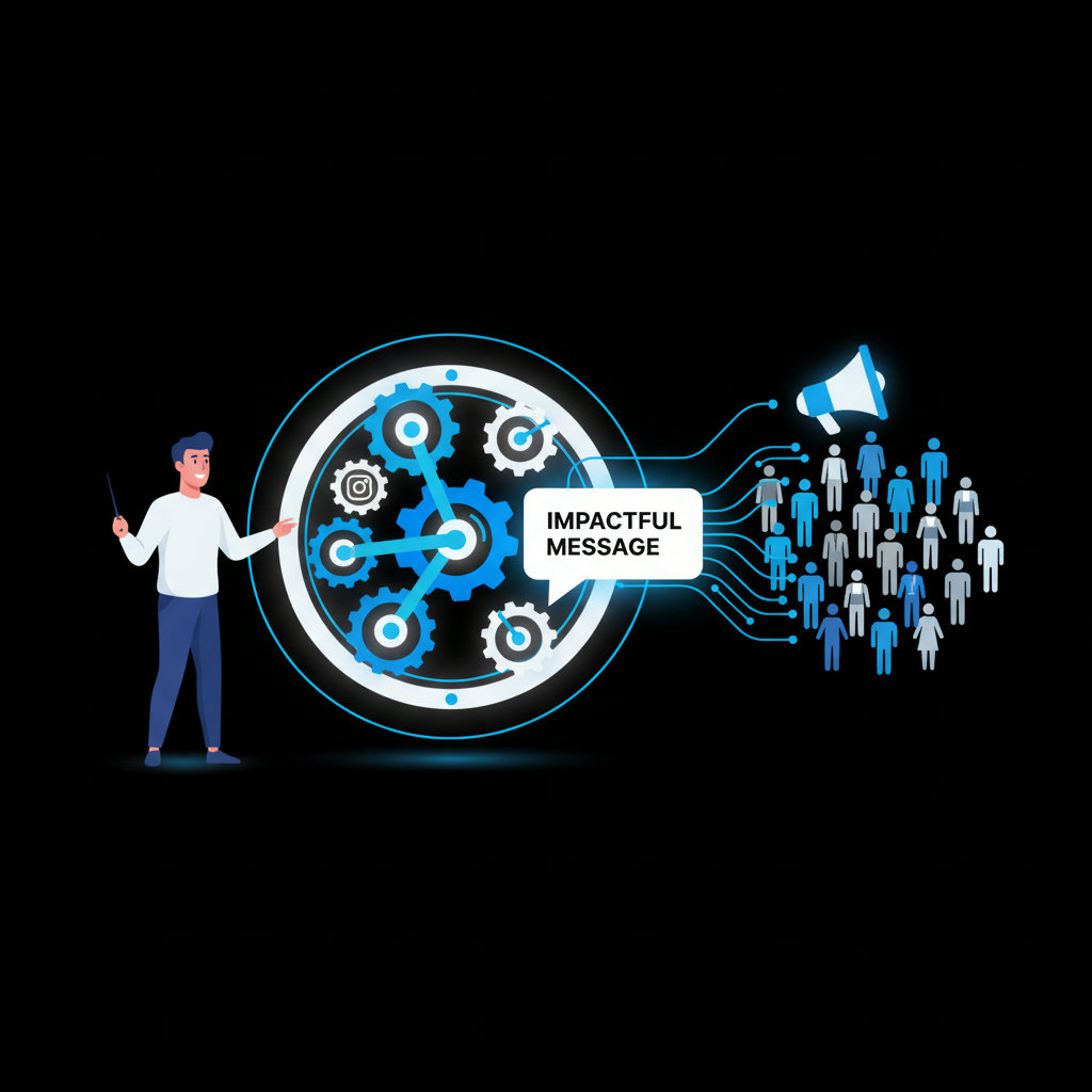 A visual metaphor of various social media engagement tools (represented as gears or levers) streamlining a complex digital process, leading to a clear, impactful message reaching a diverse audience. Perhaps showing a marketer as a conductor.