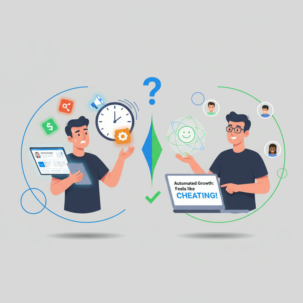 An illustration showing a small business owner juggling multiple tasks (marketing, sales, operations) with a clock in the background, symbolizing the struggle with time and resources. This contrasts with the idea of brand advocacy as a solution that feels like 'cheating' by making things easier.