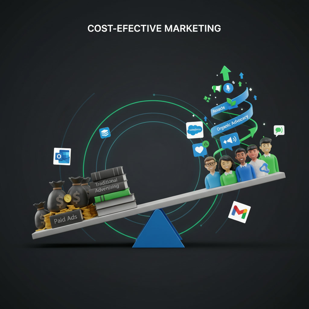 A visual representation of 'cost-effective marketing.' This could be a seesaw or scale, with expensive traditional advertising on one side (heavy weights, money bags) and lightweight, impactful brand advocacy (people sharing, organic growth symbols) on the other, showing advocacy as a more efficient option.