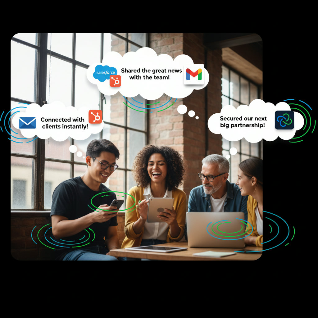 An image depicting 'authenticity & trust.' This could show a network of diverse individuals (friends, family, colleagues) genuinely connecting and sharing information, with thought bubbles containing positive brand mentions. The visual should feel warm, personal, and credible, contrasting with a generic, overly polished advertisement.