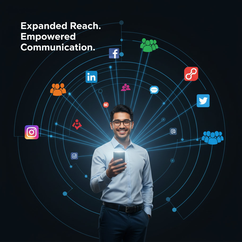 An illustration symbolizing 'expanded reach' through internal communication and employee empowerment. This could be a central light source (the empowered employee) emitting rays that illuminate various social media icons and diverse audiences spreading outwards, showing exponential reach.