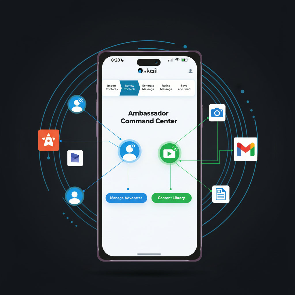 A visual metaphor for brand ambassador program software, perhaps depicting it as a central hub or control panel efficiently managing and connecting brand ambassadors with high-quality content, streamlining the process from chaos to order. This would emphasize its role in empowering advocates and managing a minimalist content strategy.