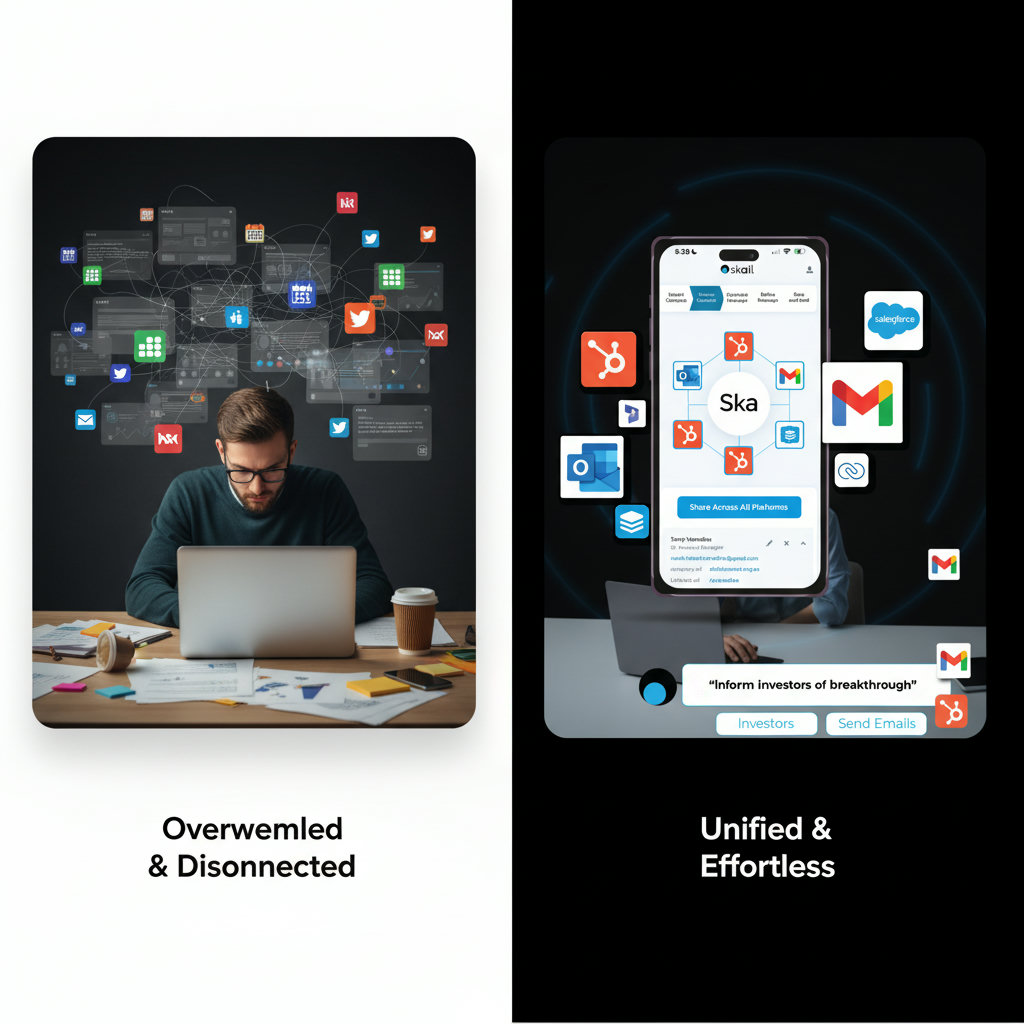 A split screen. On one side, a cluttered desk with a person looking stressed, surrounded by emails, calendars, and social media icons. On the other side, a clean, organized desk with a person smiling, easily managing social media sharing on a single, intuitive platform.