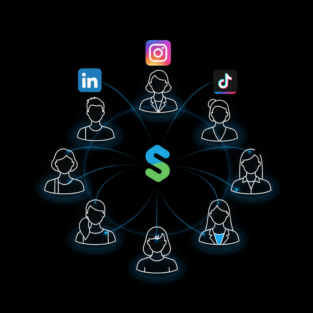 A diverse group of people, each with a speech bubble above their head containing a different social media icon (e.g., LinkedIn, Instagram, TikTok, X), all converging into a single, unified brand logo in the center.