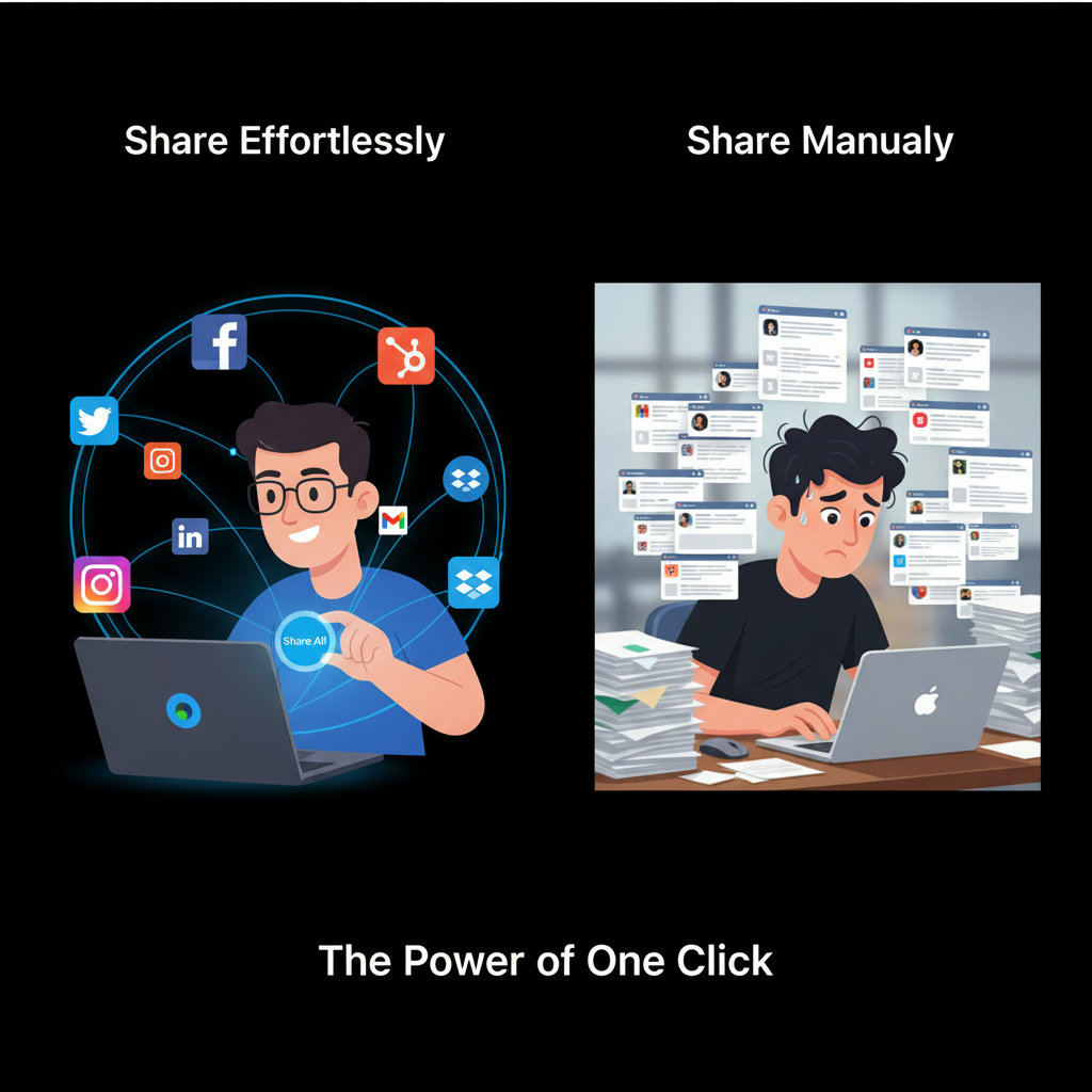 A simplified, cartoon-style depiction of a person effortlessly sharing content on multiple social media platforms with a single click, contrasting with another person struggling with many open browser tabs and a stack of papers to manually share content.