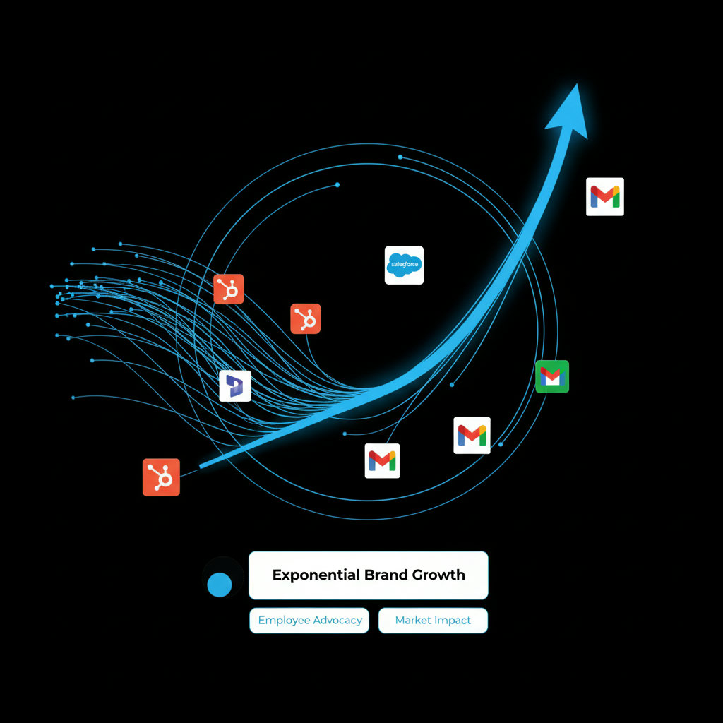 A graph or infographic showing an upward trend of brand reach and credibility, with smaller, individual lines (representing employee networks) feeding into a larger, more impactful line (representing the amplified brand reach).